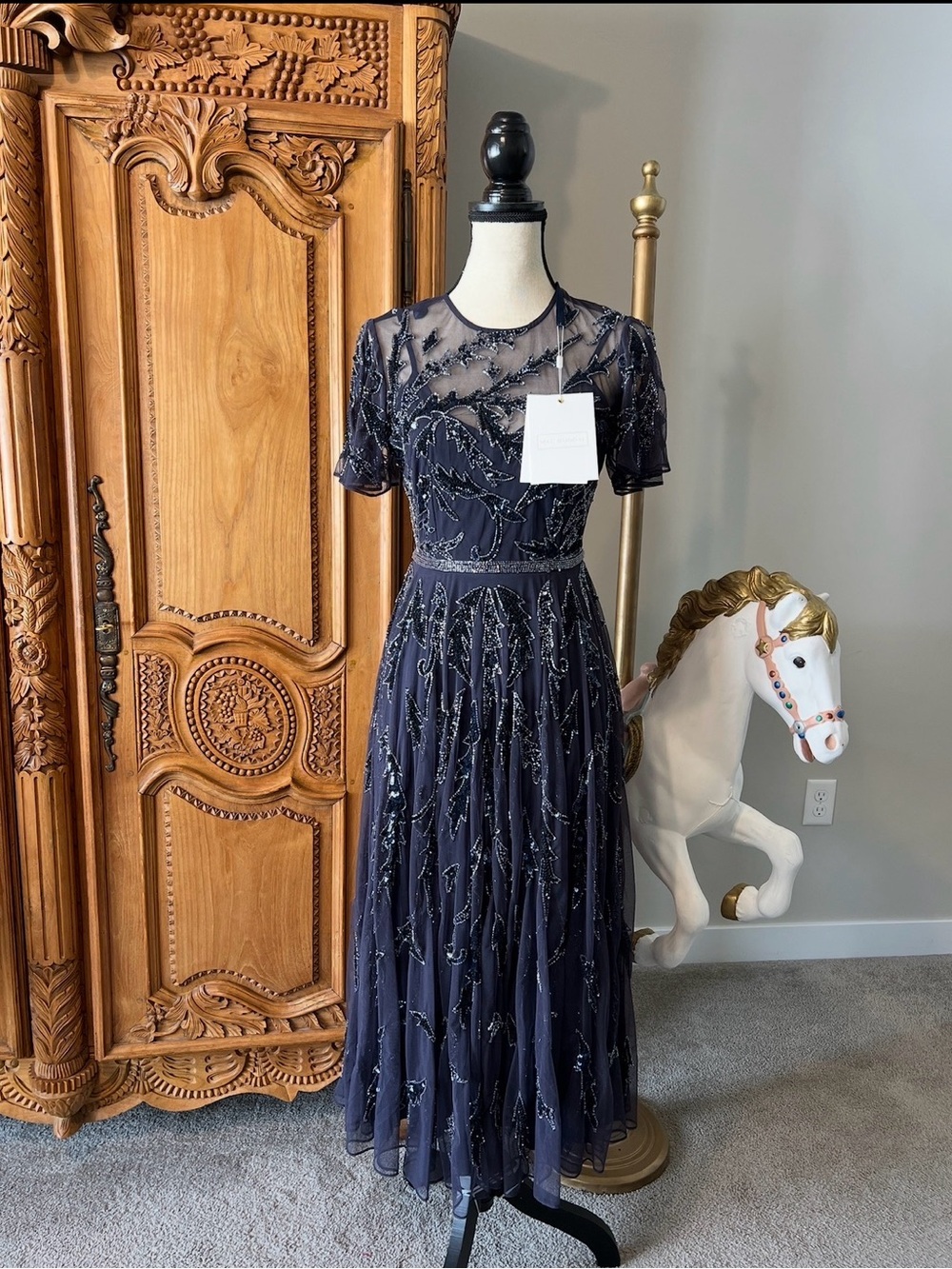 NEW Mac Duggal 93778 [4] Navy Embellished Tulle Midi Dress Elegant Evening Wear